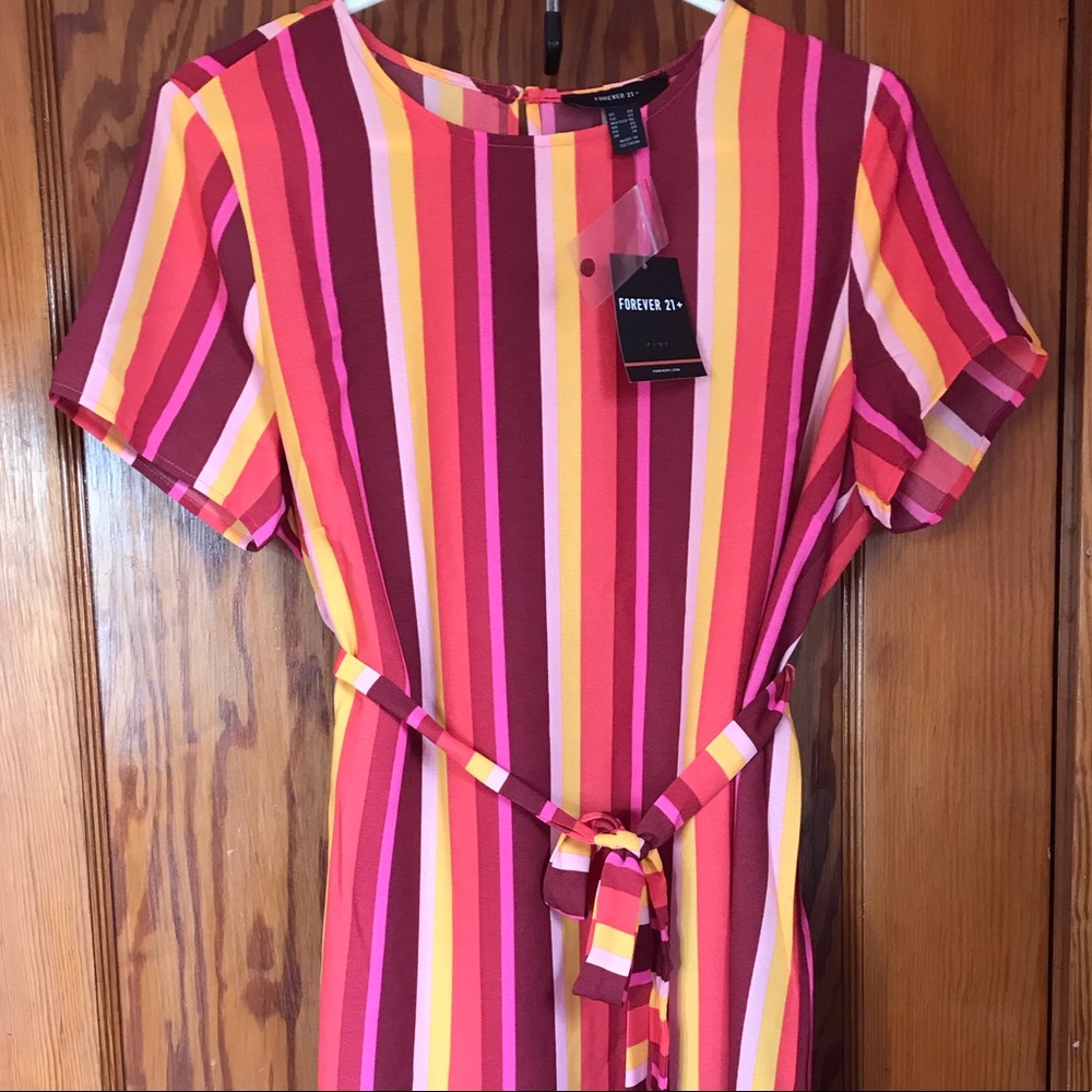 Striped dress with fabric belt